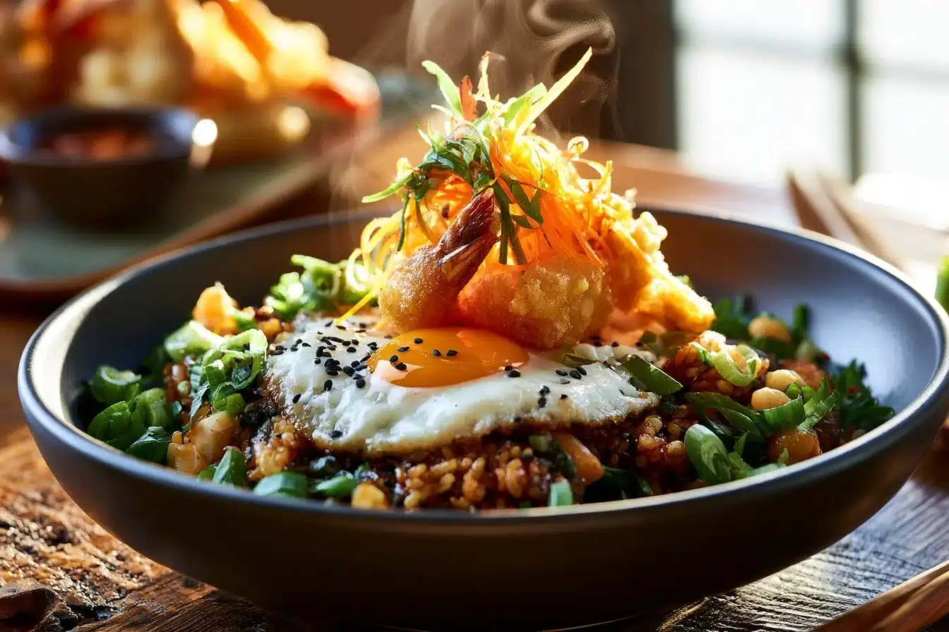 Korean Fried Rice with Shrimp Tempura 3 Ingredients prepared for Korean Fried Rice with Shrimp Tempura, including fresh shrimp and chopped vegetables