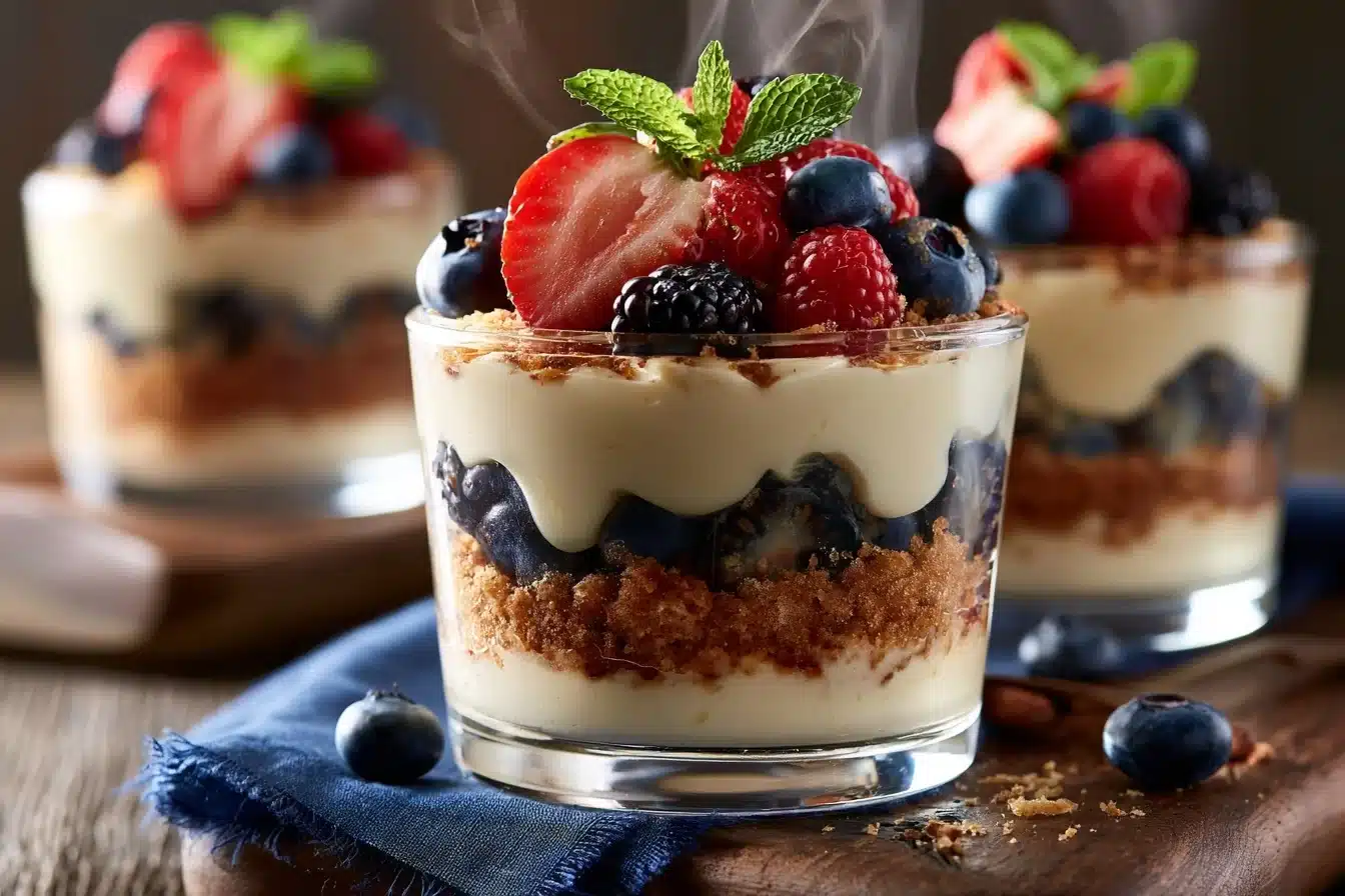 Junior's NY Cheesecake Trifle 3 Layering Junior's NY Cheesecake Trifle in a glass bowl
