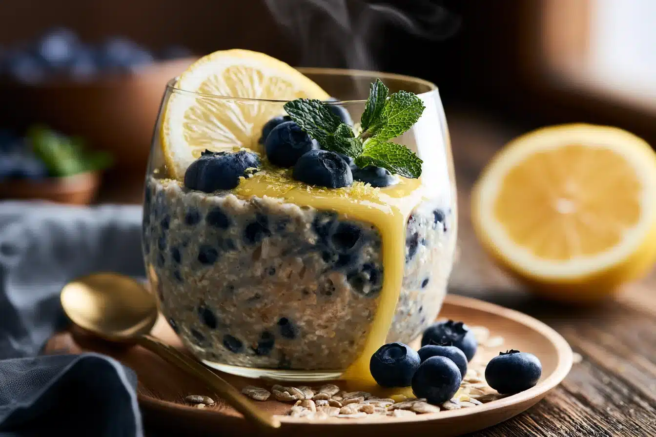 Lemon Blueberry Overnight Oats 2 Lemon Blueberry Overnight Oats in a jar with fresh blueberries and lemon slices
