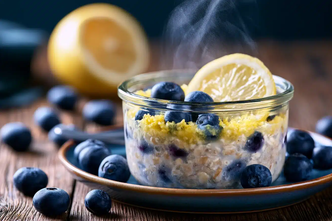 Lemon Blueberry Overnight Oats 3 Mixing Lemon Blueberry Overnight Oats ingredients in a glass jar