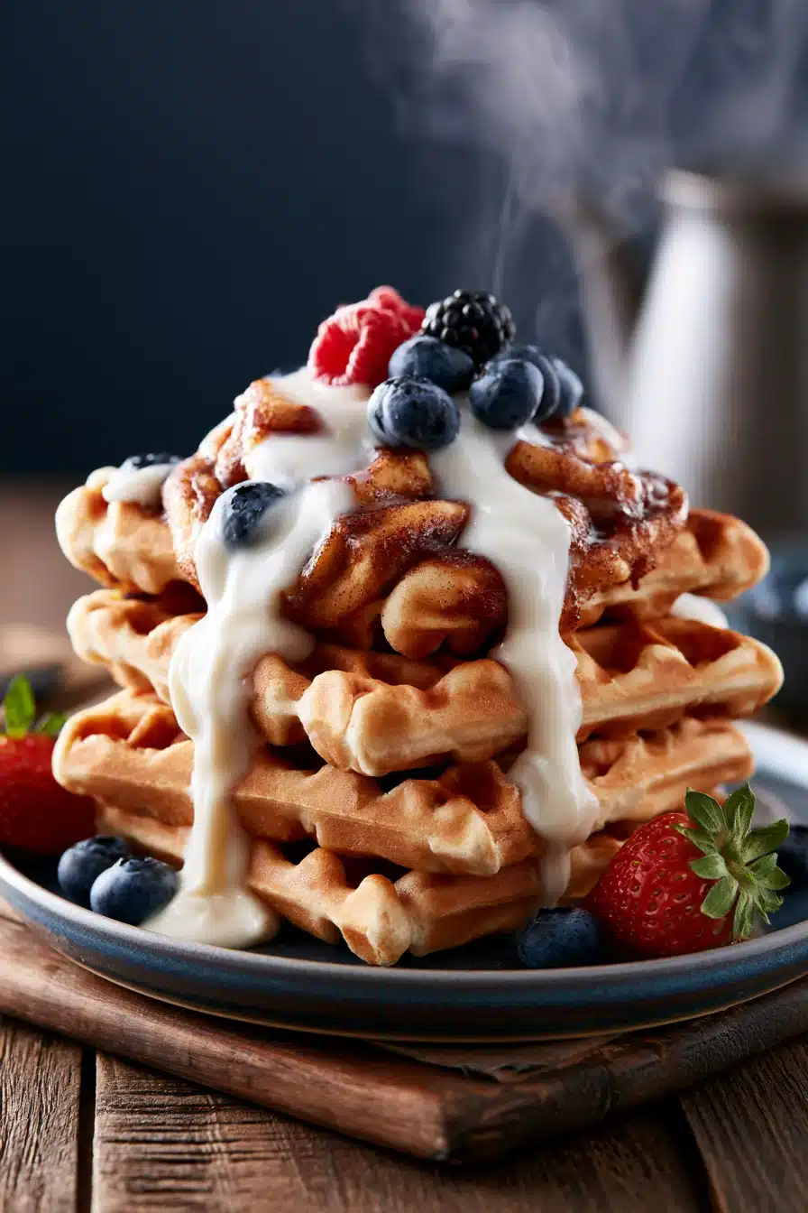 Cinnamon Roll Waffles with Cream Cheese Drizzle 2 Cinnamon Roll Waffles with Cream Cheese Drizzle