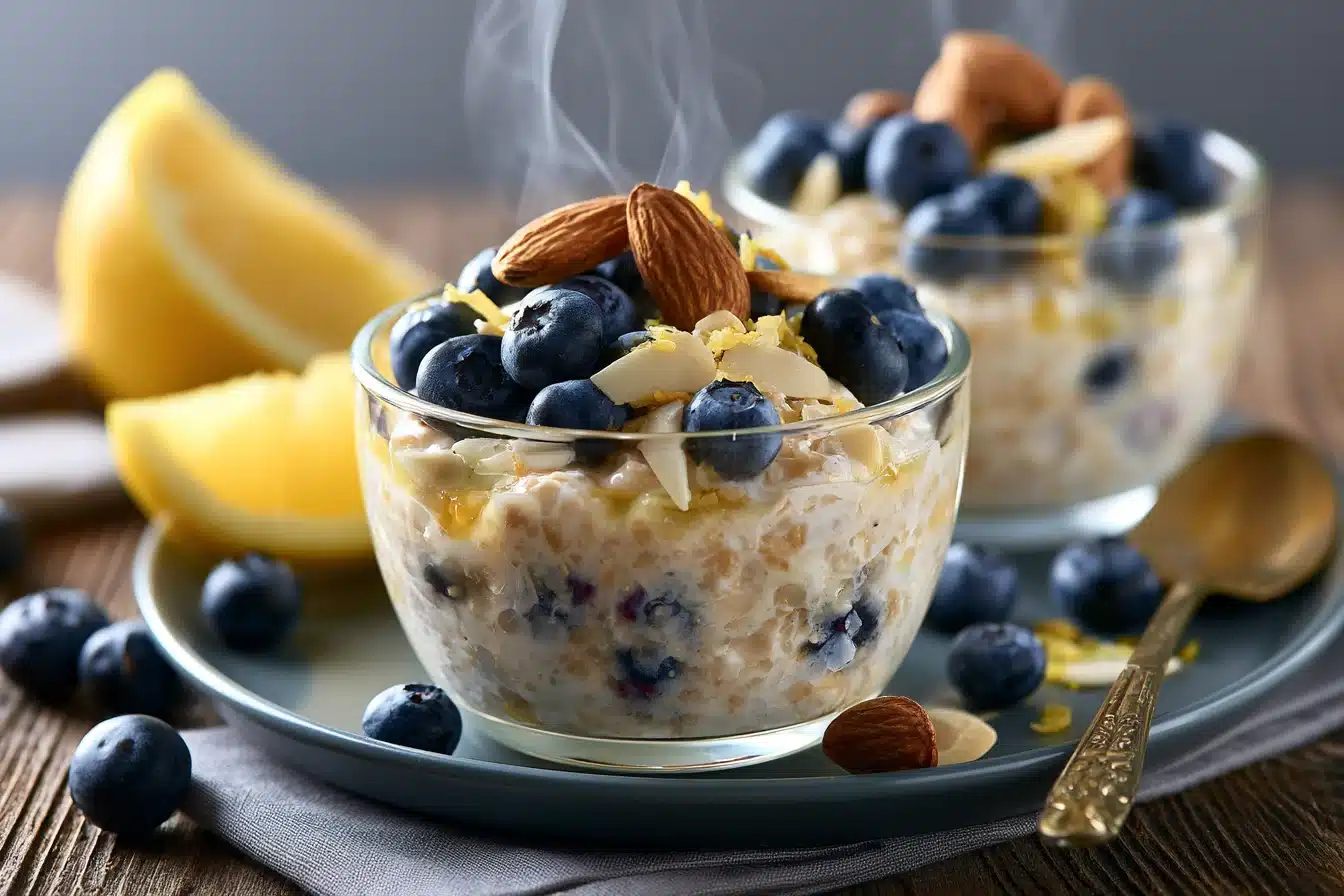 Lemon Blueberry Overnight Oats with Almonds 2 Lemon Blueberry Overnight Oats with Almonds in a mason jar with fresh blueberries and lemon slices