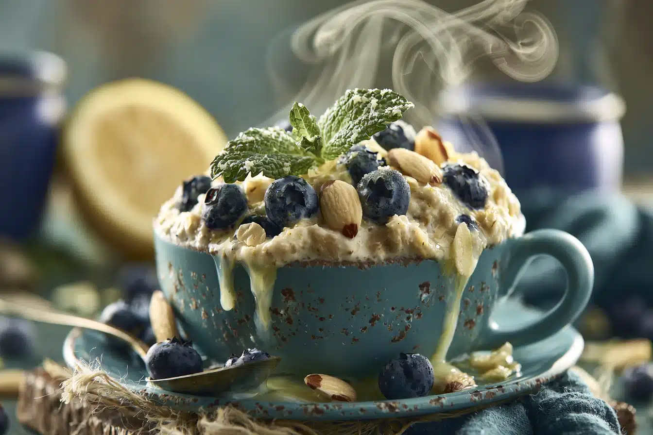 Lemon Blueberry Overnight Oats with Almonds 3 Mixing Lemon Blueberry Overnight Oats with Almonds in a bowl with blueberries visible