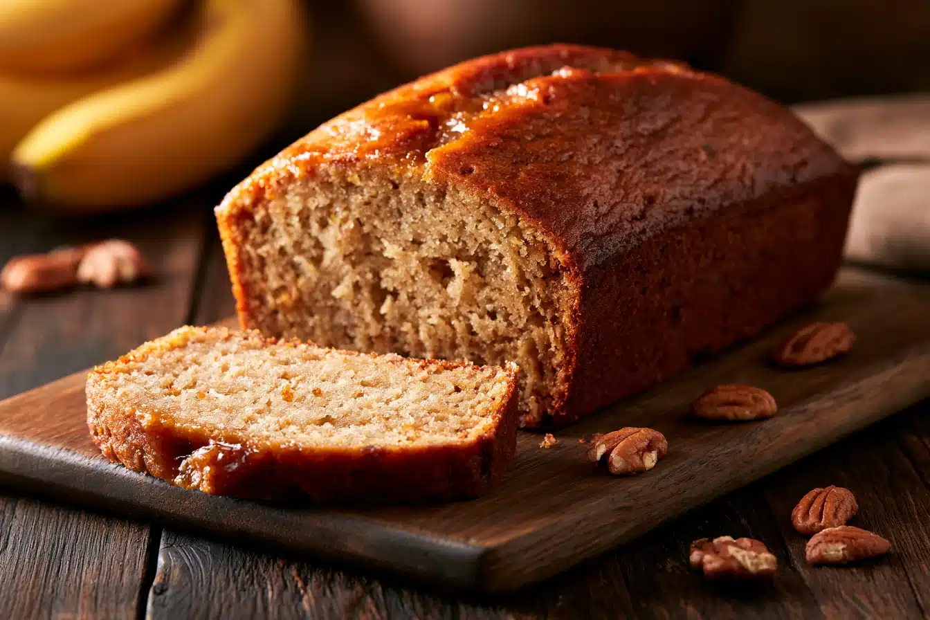 Eggless Banana Bread 2 Freshly baked Eggless Banana Bread on a wooden cutting board