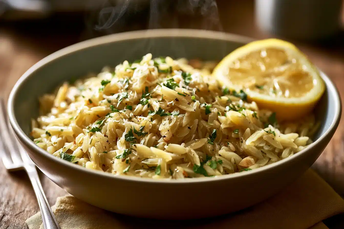 Lemon Garlic Orzo Pasta Recipe 3 Lemon Garlic Orzo Pasta in a Bowl