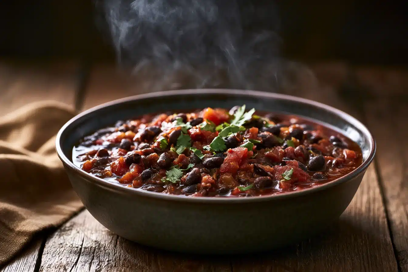 Spicy Chipotle Black Bean Chili 2 Spicy Chipotle Black Bean Chili simmering in a pot